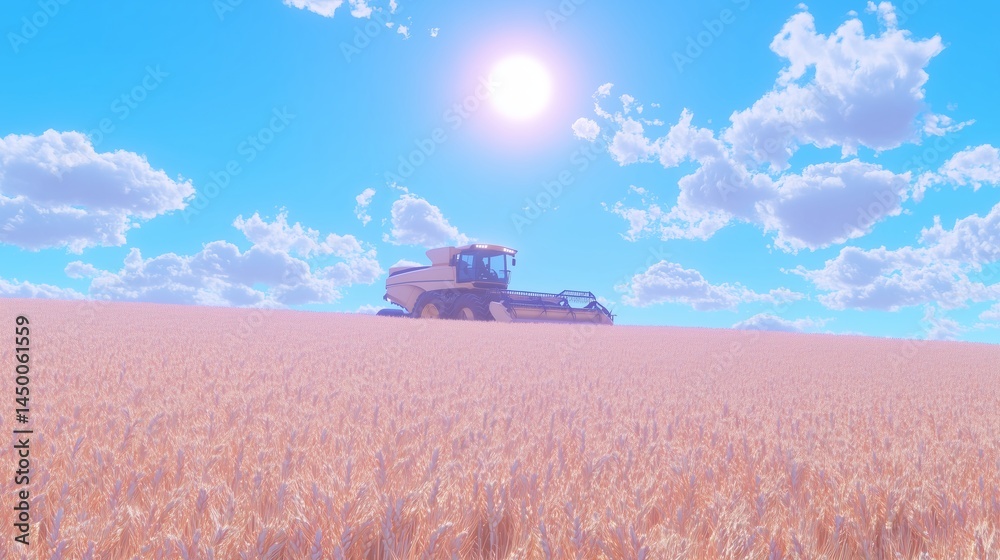 Fototapeta premium A large combine is harvesting wheat in a golden field