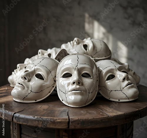 Pile of Cracked White Masks on Wooden Surface
