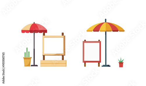 Summer cafe menu boards with parasols and plants