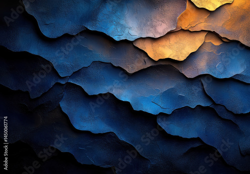 Abstract Wave Sculpture in Blue and Green Hues with Metallic Texture, Set against Dark Background with Warm Light Accents