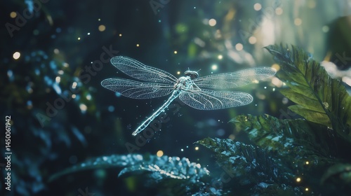 A stunning dragonfly hovers gently above vibrant green foliage.