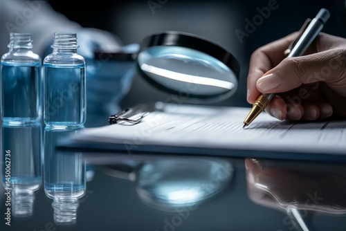 Hand Writing on Document with Magnifying Glass and Bottles