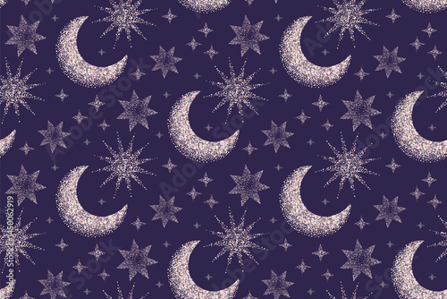 Starry night sky pattern, confetti dotted crescent moons and stars on dark navy celestial background, mystical dreamy design, seamless vector pattern, perfect for bedsheets fabric or wallpapers