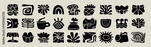 Trendy retro 70s-inspired groovy floral Matisse-style summer elements with leaf shapes, flowers, fish, fruit, rainbow, sea and sun. A vibrant blend of organic shapes and modern design. Vector. 