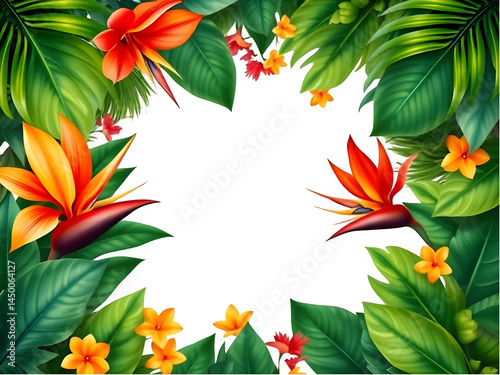 Vibrant Floral Frame PNG, Transparent Bloom Border Arrangement, Botanical Spring Overlay, Colorful Flower Illustration with Hibiscus, Frangipani for Summer Invitation Designs