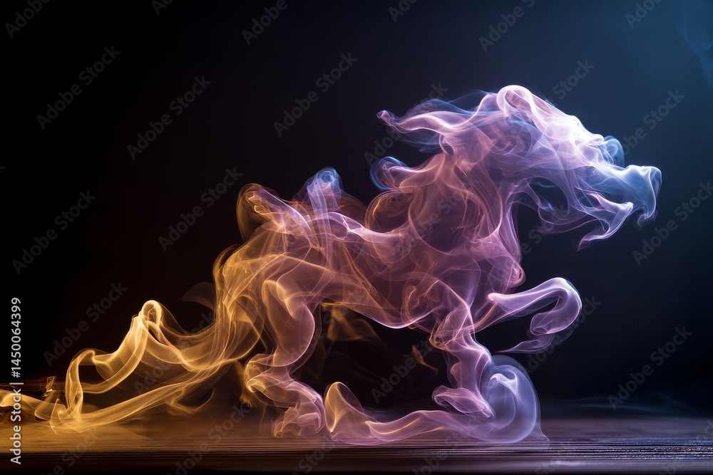 Fototapeta premium A majestic horse sculpted from vibrant, flowing smoke, set against a deep, contrasting black background.