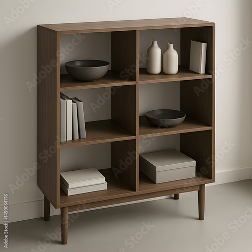 A modern wooden bookshelf filled with decorative items, including books, bowls, and boxes, set against a simple wall backdrop