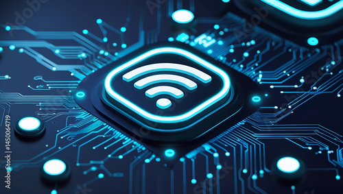 Futuristic digital background with glowing white WiFi icon on circuit board, neon blue light, cybersecurity theme, dark navy tones, electric nodes, microchips, firewall, sleek and secure design.