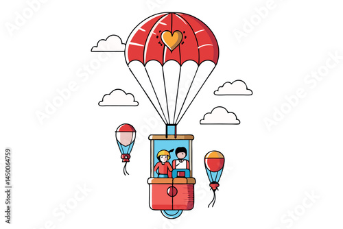 red hot air balloon with a heart symbol, soaring through the sky with two characters inside, representing love, care, and donation Blood donation day