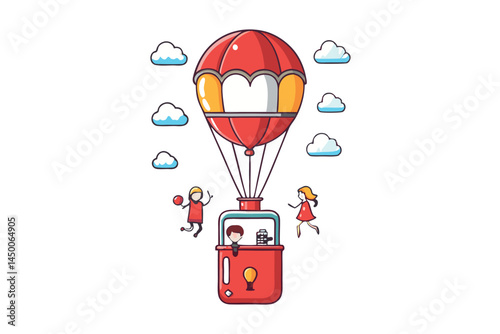 hot air balloon resembling a blood donation bag with people jumping and celebrating, emphasizing joy and giving Blood donation day