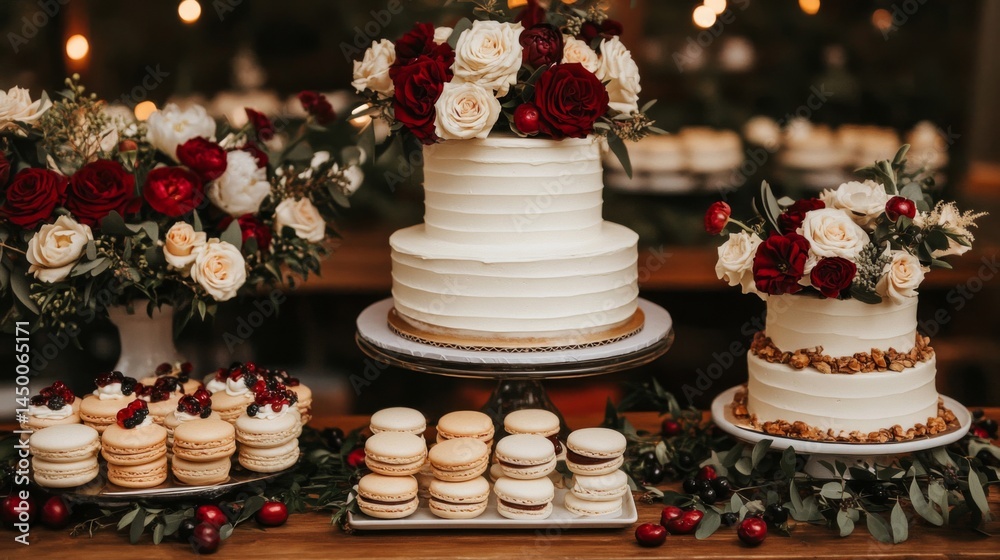 Elegant Wedding Cake Display With Macarons And Flowers Elegant Wedding Cake Display With Macarons And Flowers