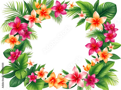 Vibrant Floral Frame PNG, Transparent Bloom Border Arrangement, Botanical Spring Overlay, Colorful Flower Illustration with Hibiscus, Frangipani for Summer Invitation Designs