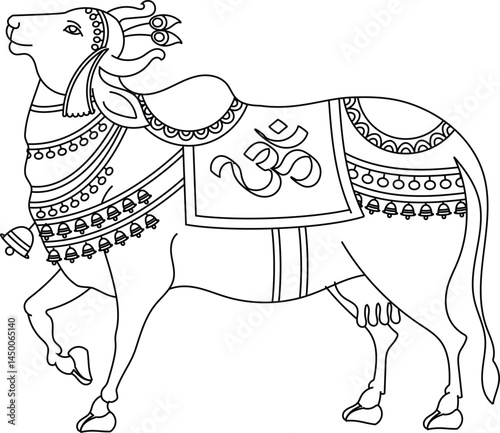 Holy cow in Kalamkari Indian traditional folk art on linen fabrics. It can be used for a coloring book, textile/ fabric prints, a phone case, greeting card. logo, calendar	
