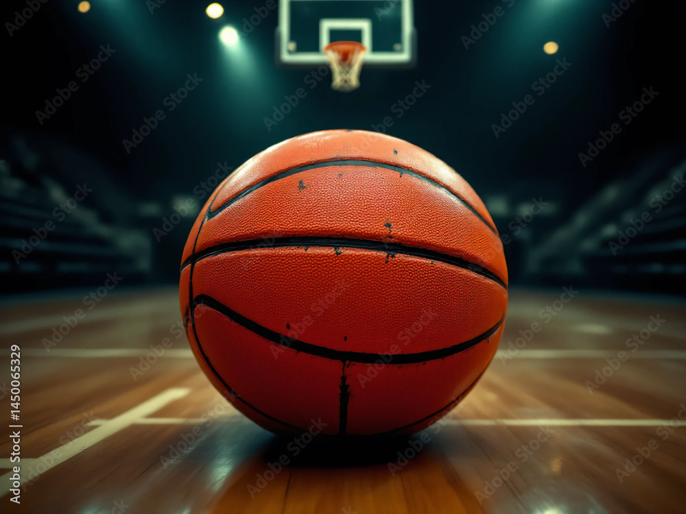 Obraz premium Photo of Basketball on Polished Indoor Court with Cinematic Lighting – Ideal for Sports Advertising, Editorials, or Athletic Brand Campaigns