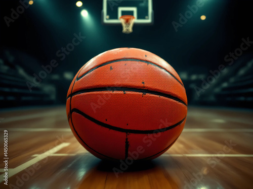 Photo of Basketball on Polished Indoor Court with Cinematic Lighting – Ideal for Sports Advertising, Editorials, or Athletic Brand Campaigns photo