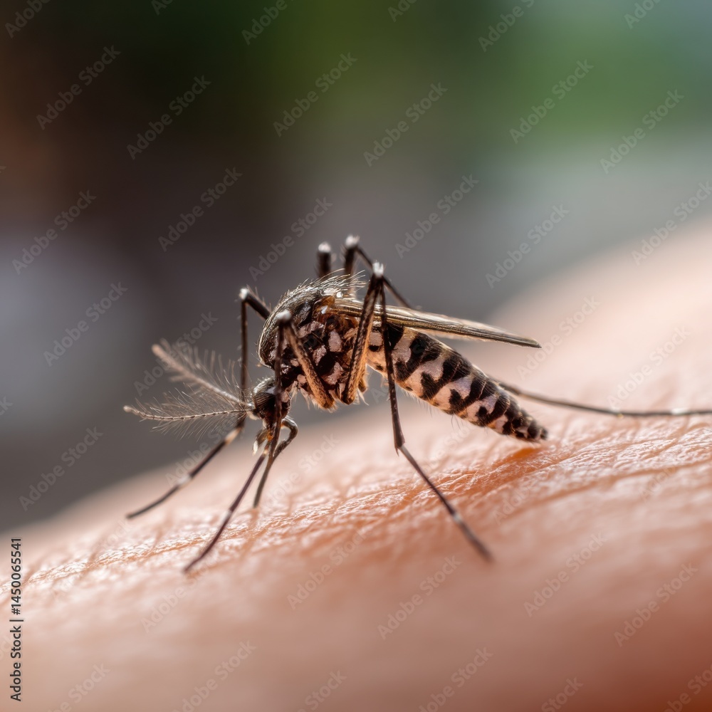 Close Up of a Mosquito Perched on Human Skin Highlighting Intricate Details of Its Body and the Texture of Skin in a Natural Environment