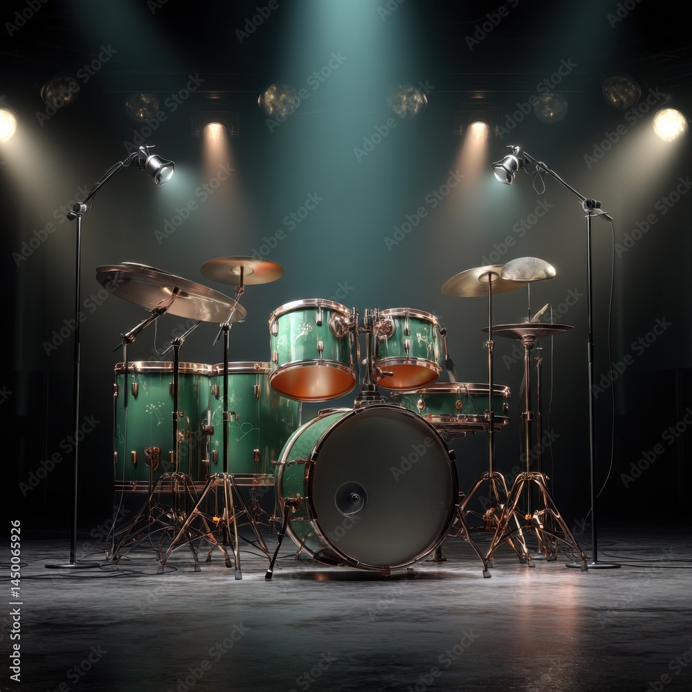 Dynamic Drum Set with Microphone Stand Ready for Performance in a Vibrant Music Studio Setting Evoking Energy Rhythm and Creative Sound Exploration