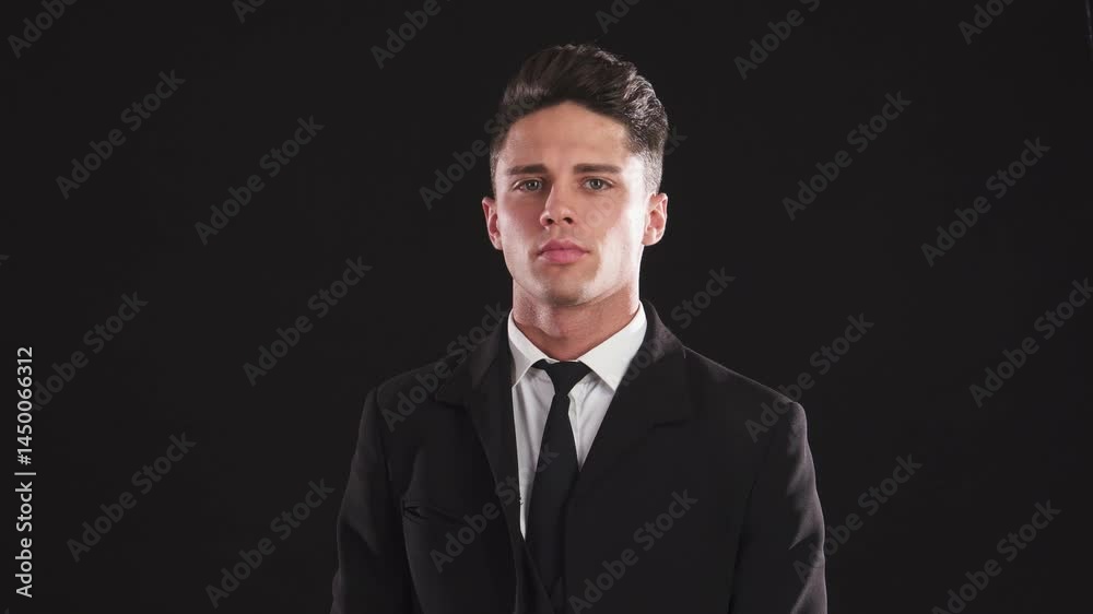 Confident man sharply points his index finger forward Confident man sharply points his index finger forward