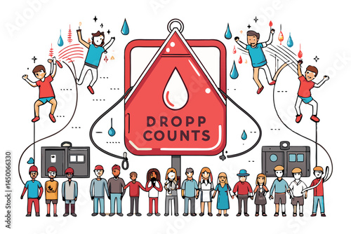 blood donation bag, with happy people and a prominent call to action, giving blood for life saving purposes, with a focus on the joyful impact of each drop of blood on the world Blood Donation Day