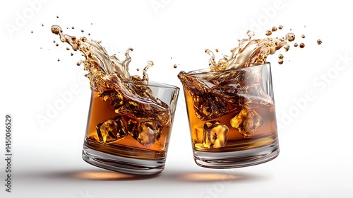 Whiskey splash mockup alcohol cheers isolated glass collision freeze drink splash background white