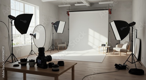 Setting up photography studio with backdrop lighting and camera equipment