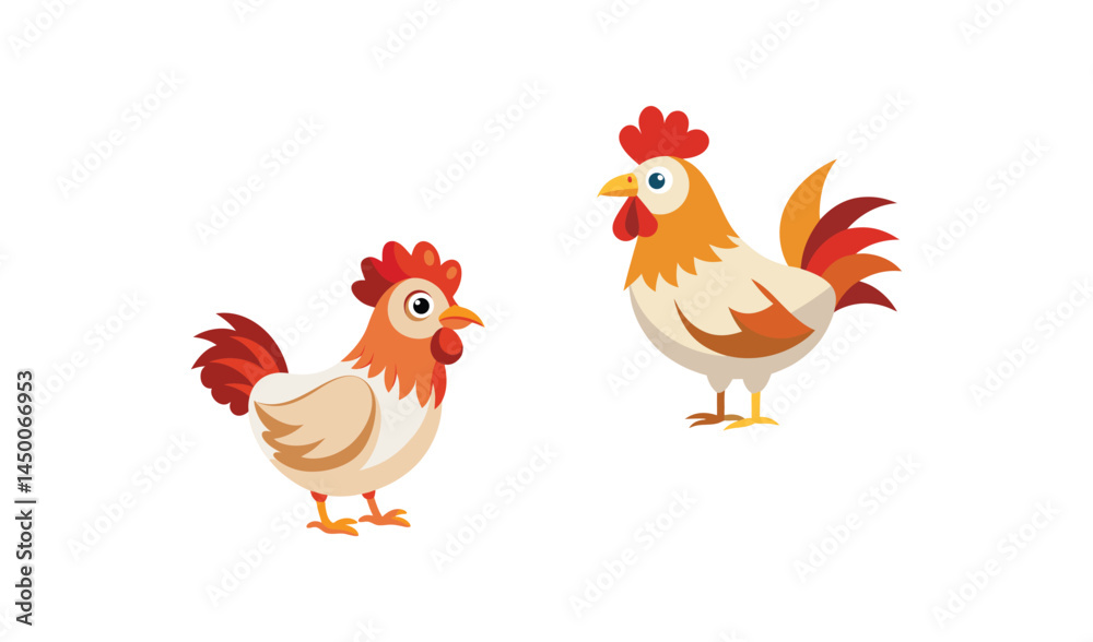 Fototapeta premium Cute cartoon rooster and hen illustration