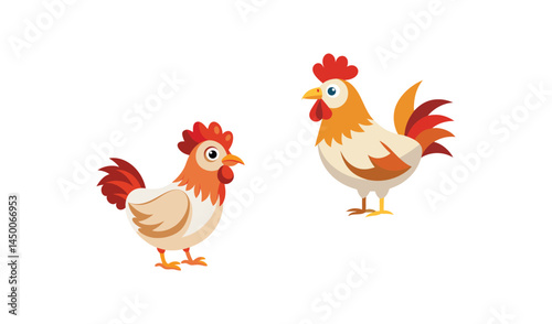 Cute cartoon rooster and hen illustration