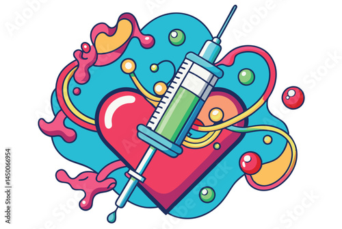 syringe and heart illustration with bright colors, symbolizing blood donation, care, and life, full of energy and health focused motifs, blood donor day