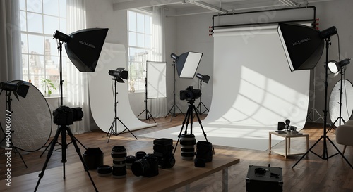 Photography Studio Setup with Cameras, Lenses and Lighting Equipment
