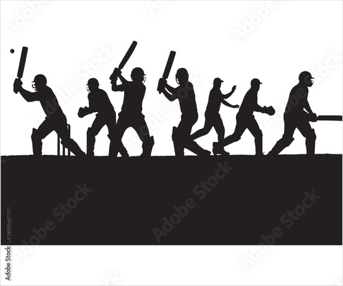White background featuring silhouettes of cricket players