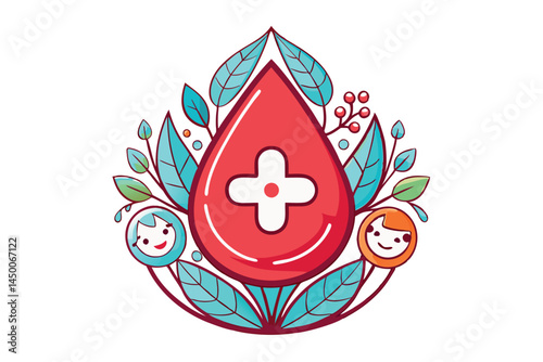 blood drop design featuring a red medical cross, surrounded by happy faces, plants, and vibrant elements, symbolizing the importance of donation, blood donor day