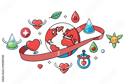 blood donation campaign with hearts, blood drops, and a global map, highlighting the importance of blood donation on world donor day