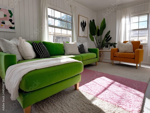 Bright, modern living room with a comfy green sectional sofa, a pop of orange accent chair, and natural light streaming in