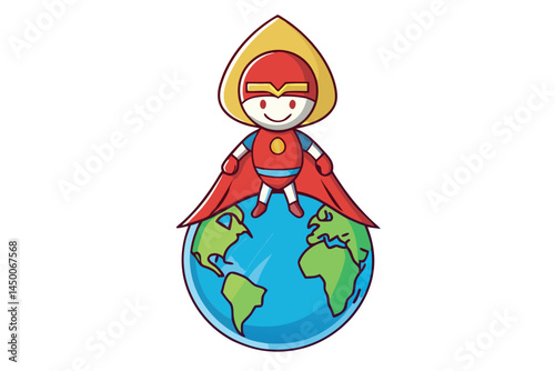 Superhero child in red cape standing confidently on Earth, representing global care, protection, and strength, ideal for awareness during blood donor day