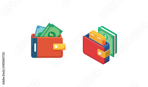 Two isometric wallets with cash money illustration