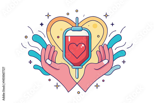 heart shape formed by hands with a blood donation bag in the center, ideal for blood donor day awareness campaigns