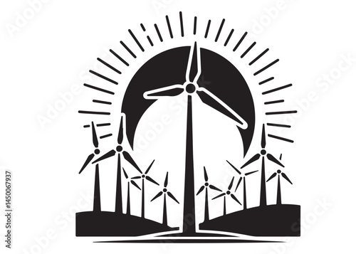 Wind power logo silhouette black vector, black wind turbine logo icon silhouette, wind power black silhouette of eco-friendly wind turbines silhouette vector on white background 