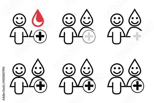 Blood Donation Day line art icon set with smiling characters, showing blood drops and health symbols, promoting health awareness and blood donation