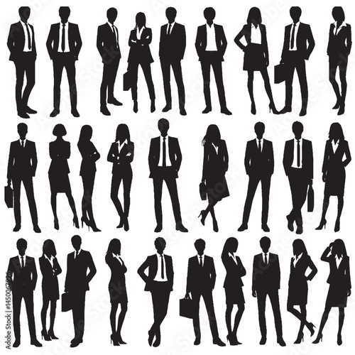 Business People Silhouettes Vector – Group of Men and Woman Standing Isolated on White Background