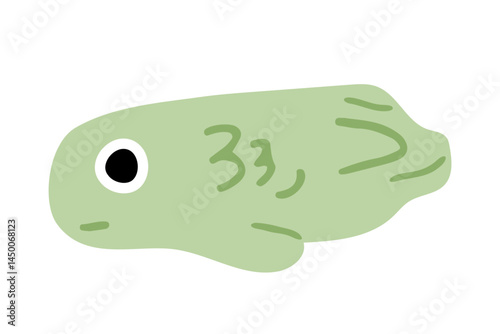 Green Cartoon Fish Illustration Isolated. Minimal flat-style illustration of a green fish with large eye and abstract markings. The fish is isolated on a white background with a clean, playful look.