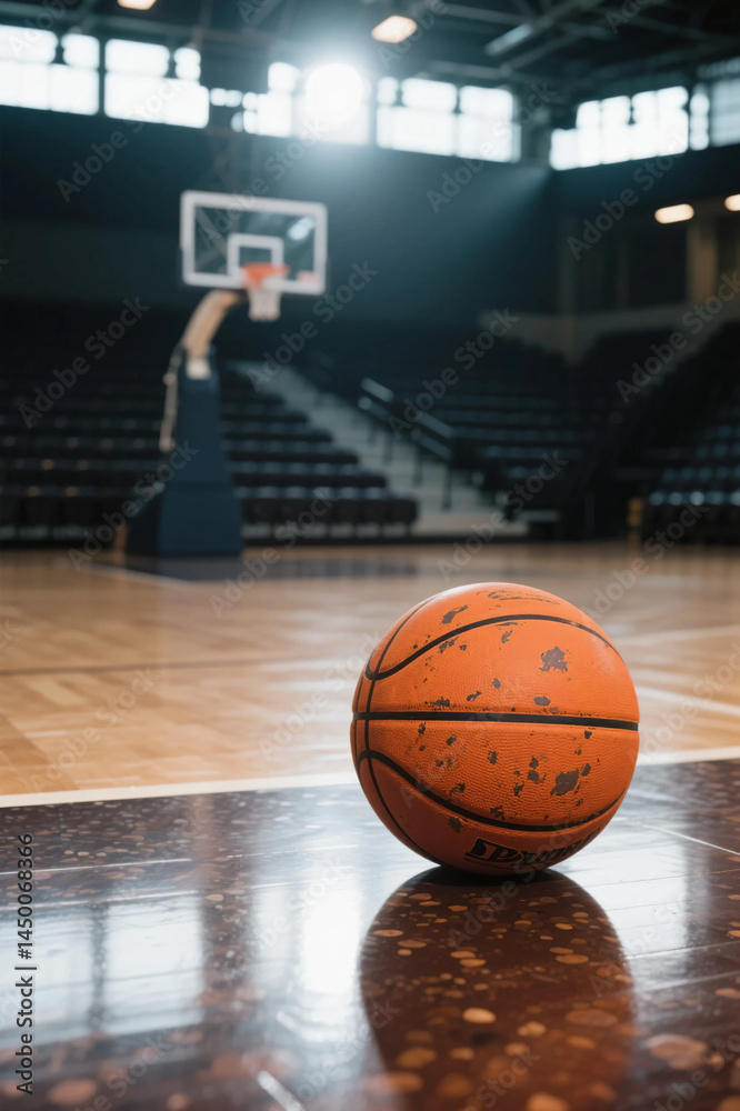 Naklejka premium Photo of Basketball on Polished Indoor Court with Cinematic Lighting – Ideal for Sports Advertising, Editorials, or Athletic Brand Campaigns