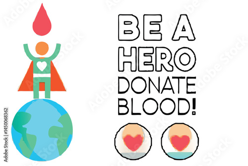 Blood Donor Day line art icon set featuring a superhero style character standing on a globe with a blood drop symbol, promoting blood donation as a heroic act