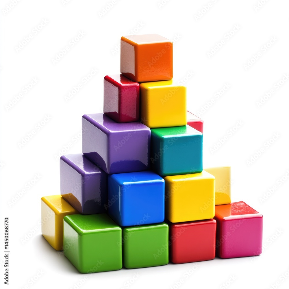 Fototapeta premium Colorful Building Blocks Pyramid, Shiny Cubes, Abstract Composition, 3D Render