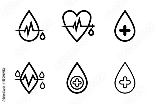Blood Donor Day line art icon set featuring a heart rate line evolving into a blood drop, perfect for promoting the connection between health and blood donation