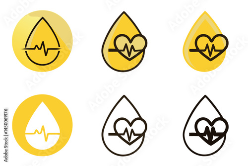 Blood Donor Day line art icon set with a heartbeat line transitioning into a blood drop, symbolizing life, health, and the importance of blood donation