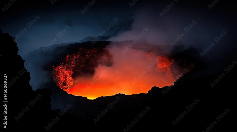 Fototapeta premium Fiery crater of a volcano at night, glowing with molten lava.