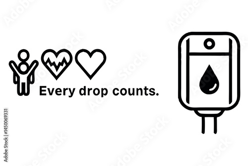 blood donation theme with a red drop symbol, people donating, and a message Every drop counts next to a blood bag graphic Blood Donor Day line art icon set