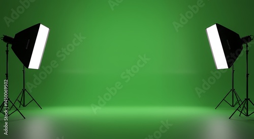 Studio Lighting Setup with Green Screen Background for Photography and Videography