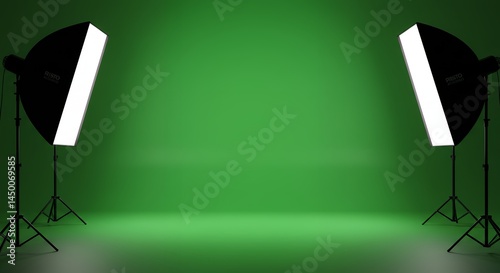 Green Screen Studio Setup with Lighting Equipment for Video Production