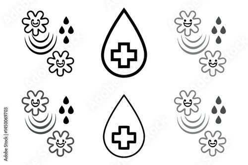 blood drops with medical cross symbols, illustrating the importance of health and donations, suitable for fundraising or awareness campaigns, blood donor day line art icon set
